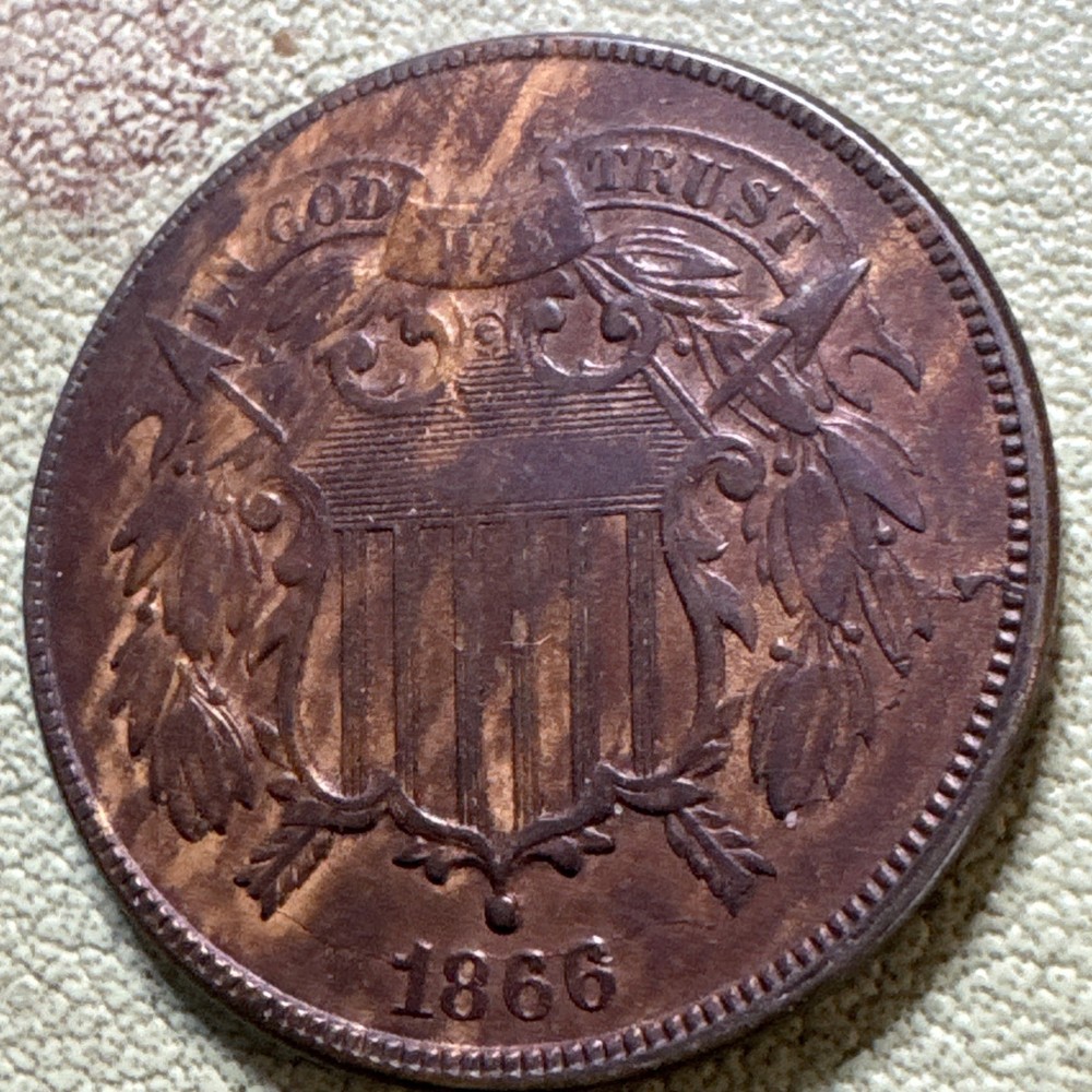 1866 US UNION SHIELD Copper Two Cents - 2 Cent Piece - Great Condition