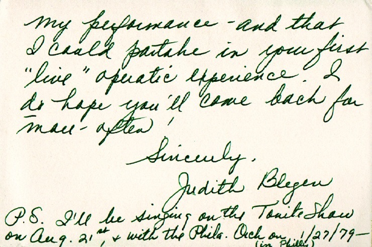 Soprano JUDITH BLEGEN Autograph Letter Signed
