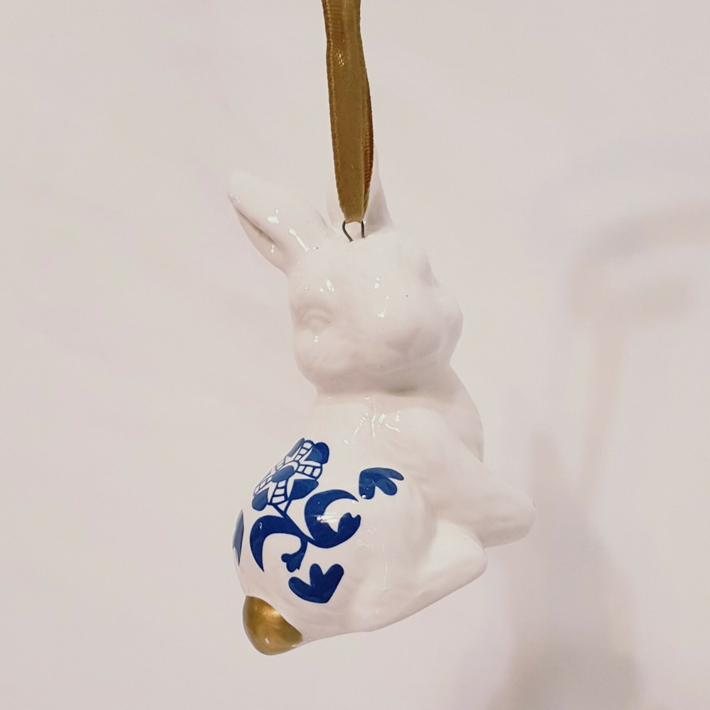 White Rabbit Blue Flower Ornament 3" Bunny Easter Ceramic