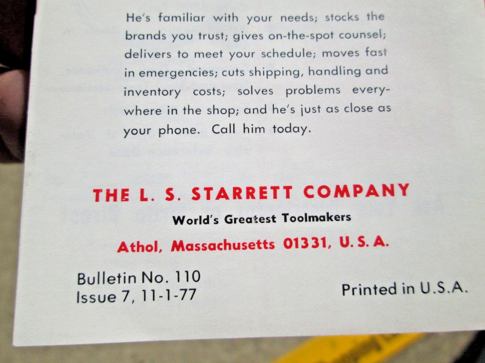 1977 Starrett Precision Tool Mini Catalog & Micrometer Caliper Instruction Paper
