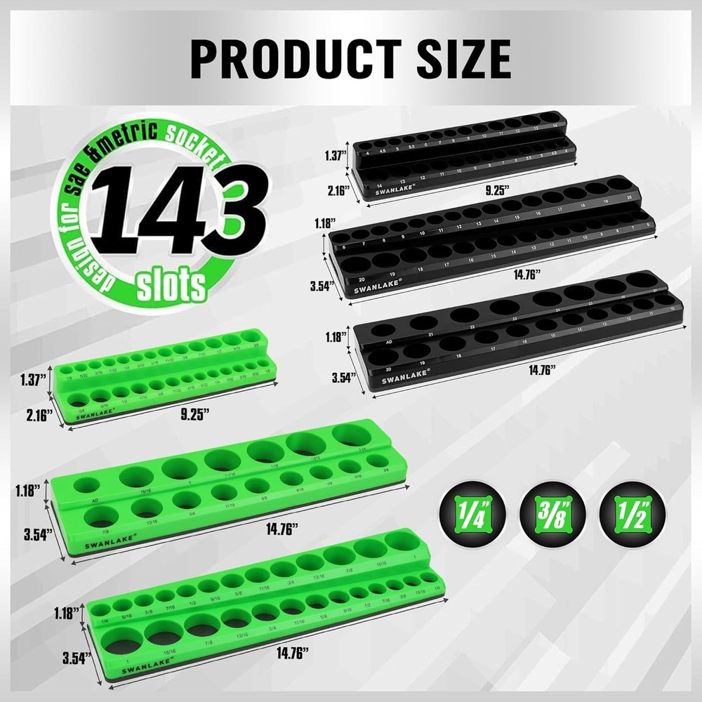 Durable Magnetic Socket Holder, 143 Slots, Green/Black
