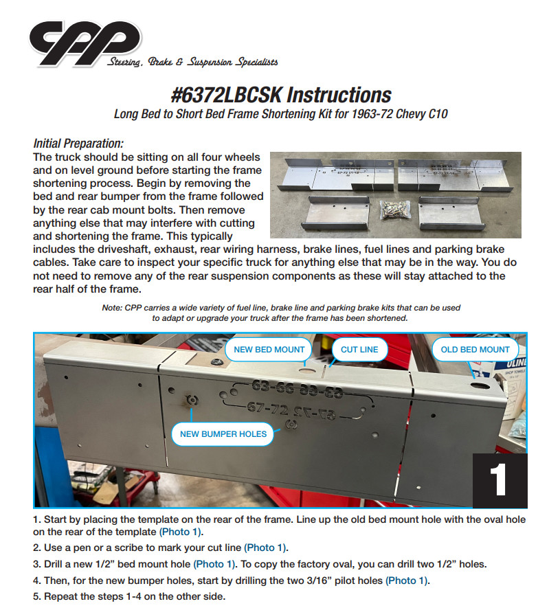 67-72 Chevy C10 CPP’s Frame Shortening Kit Short Bed Conversion 1/4" Heavy Plate