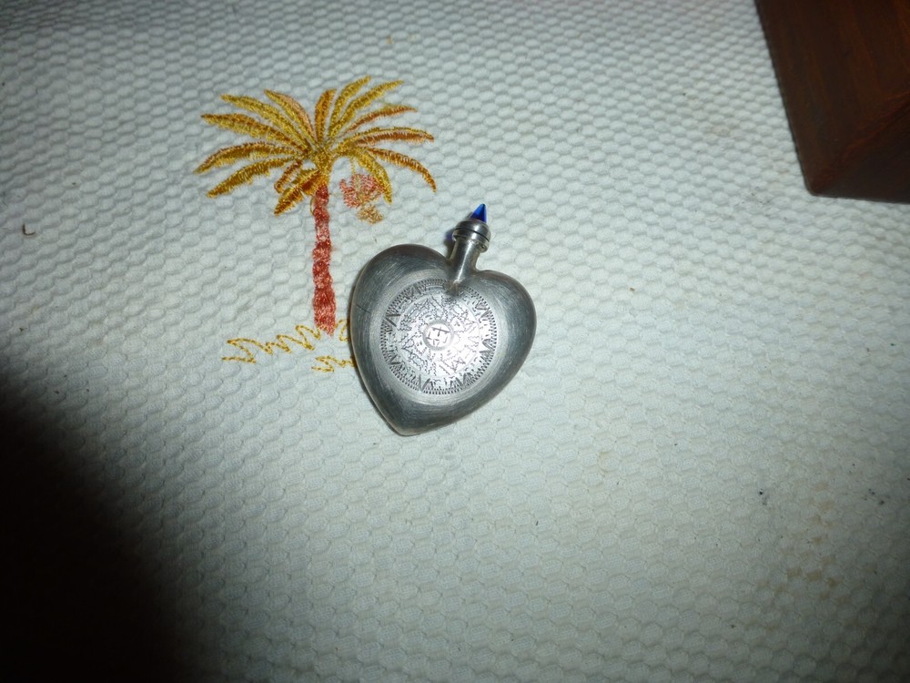 Mexico Sterling Silver Aztec Heart Shaped Chatelaine Perfume / Snuff Bottle