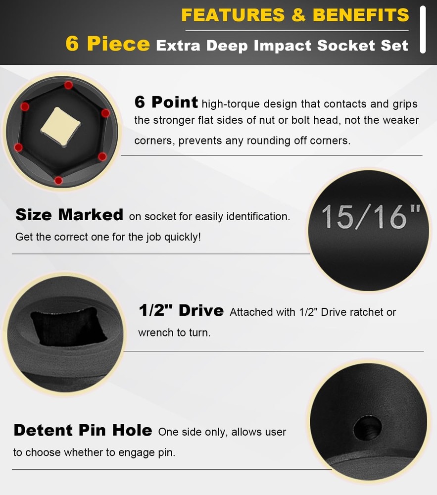 1/2 Inch Drive Extended Length Impact Socket Set - 6 Piece Extra Deep Impact ...