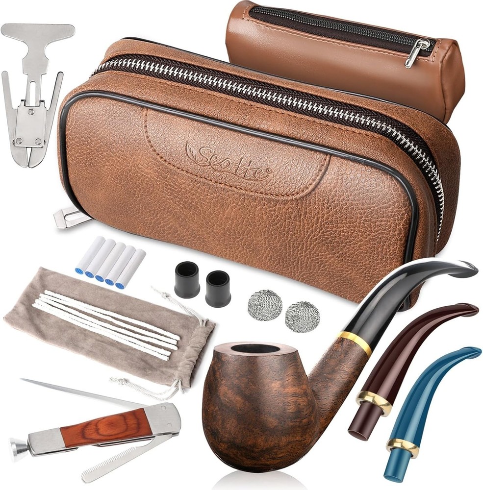 Scotte Handmade Pipe Set, Leather Pipe Pouch, Wood Pipe and Accessories