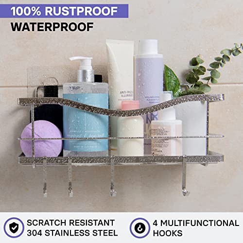 Premium Shower Caddy - Self Adhesive Shower Organizer with 4 Hooks, Rustproof