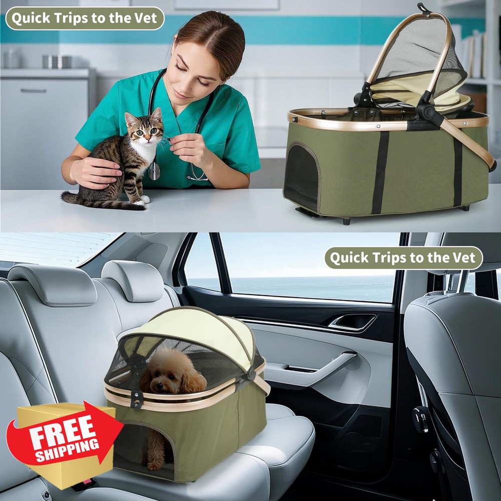 Double Pet Stroller, Green, Foldable, Detachable Carriers, 4 Wheels