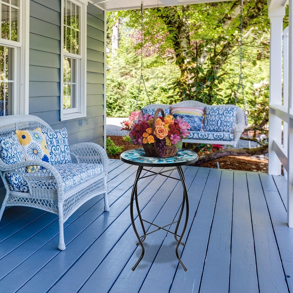 Side Patio Tables-Mosaic Outdoor Side Table - 14’’ Blue and Transparency Leaf...