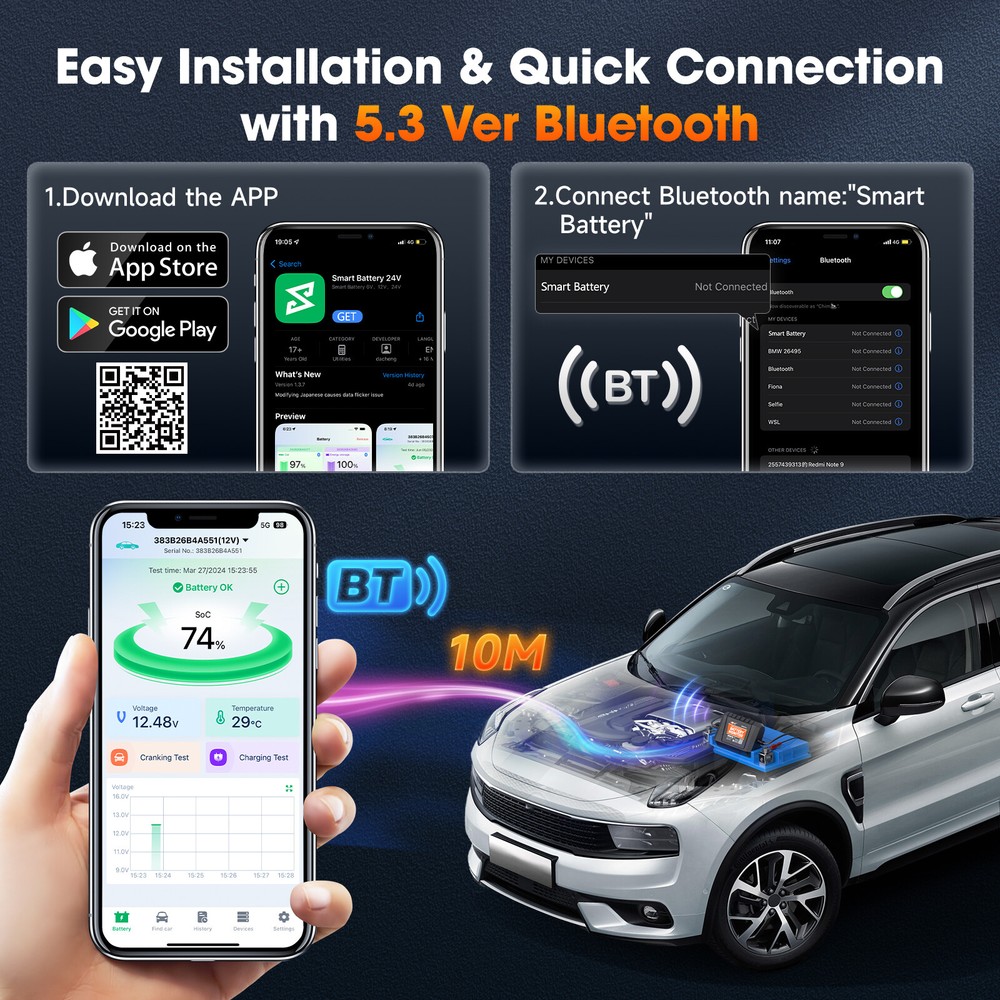 Car Battery Monitor Analyzer Bluetooth Battery Load Tester for iPhone Android