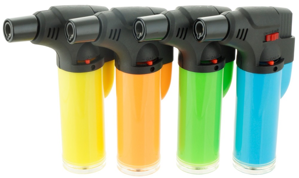 12 Pack Jumbo 4" Single Jet Flame Torch Gun Lighter Refillable Lockable Neon