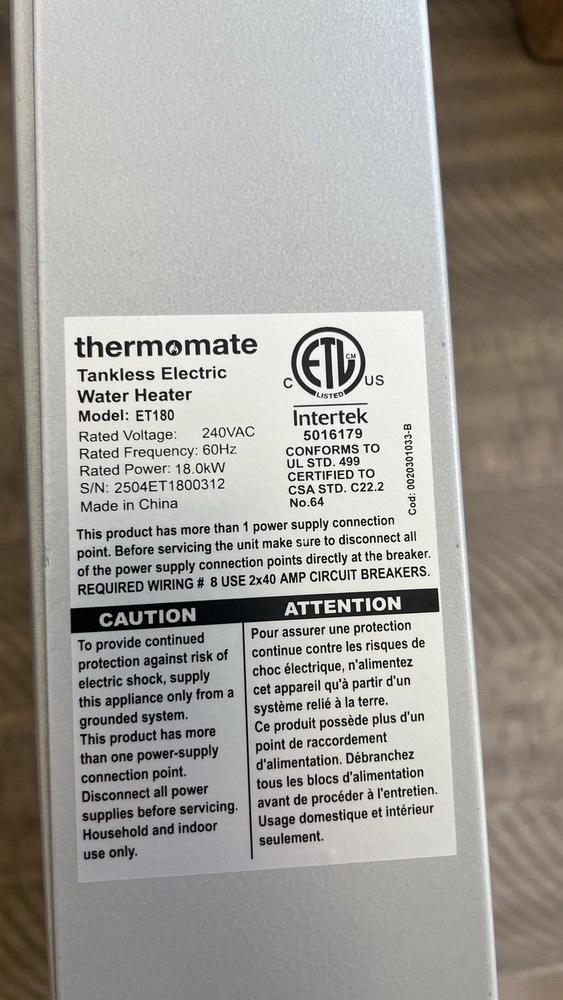 Tankless Water Heater Electric 18kW at 240 Volt, ThermoMate , Shower, Draw 76Amp
