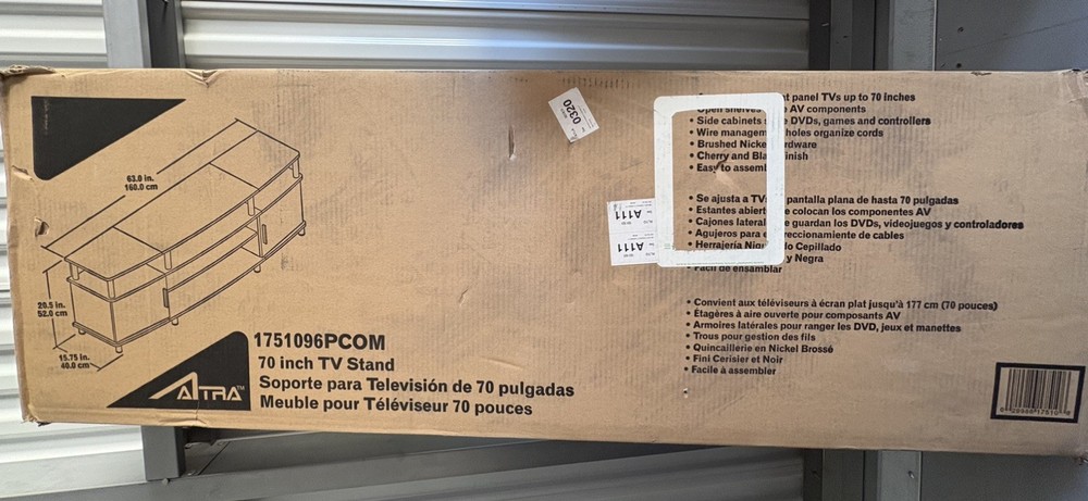 AMERIWOOD HOME CARSON TV STAND FOR TVs UP TO 70", Cherry & Black. NEW IN BOX.