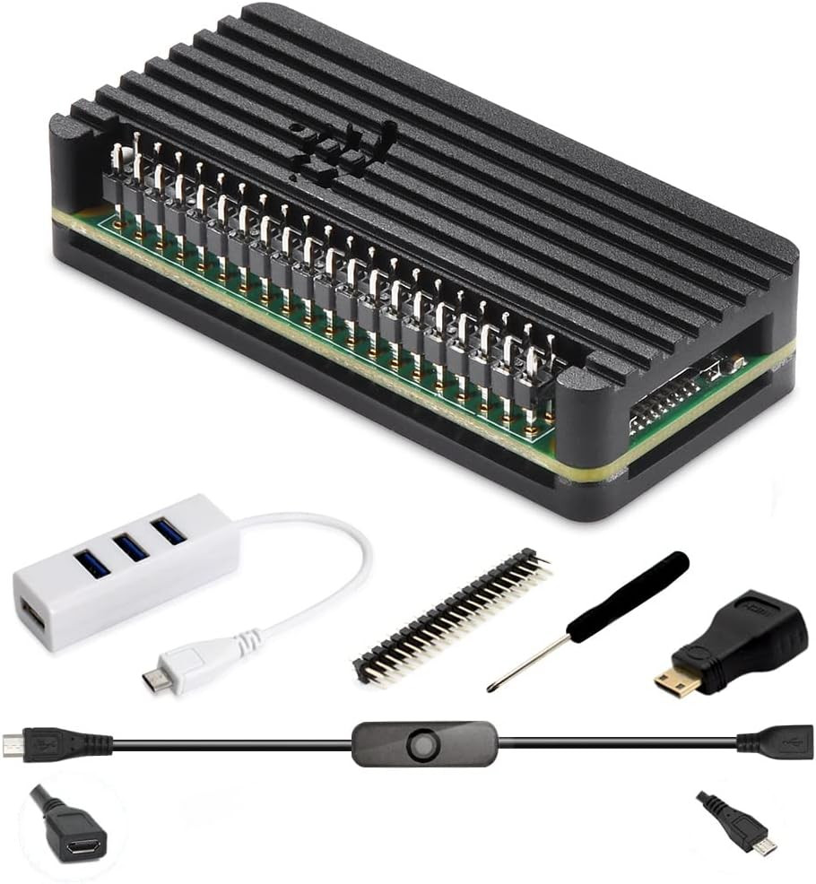 Pi Zero Aluminum Case Kit with Pin Header, OTG Hub, HDMI Adapter, On/Off Switch