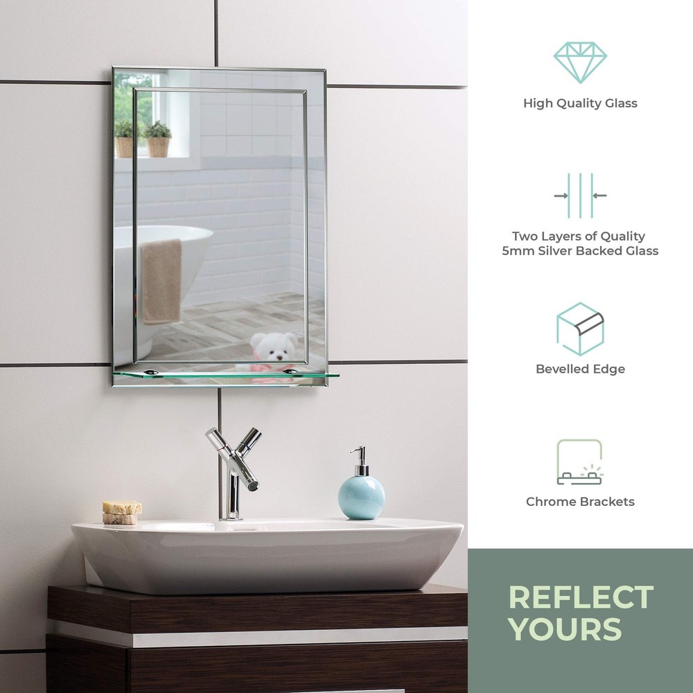 Mood Rectangular Bathroom Mirror with Shelf, (20 x 16 inch) Wall Mounted & Do...