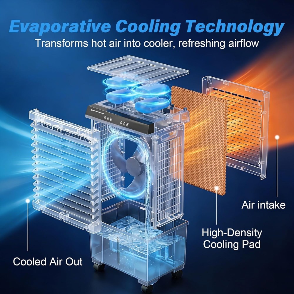 5 Gal Portable Evaporative Cooler with Ice Packs Oscillation Touch Remote Black