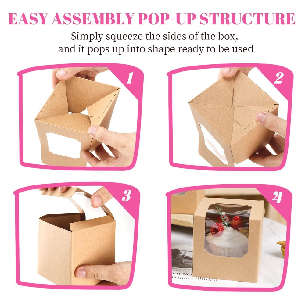 NPLUX 25 Pcs Cupcake Boxes Individual Cupcake Containers Pre-Assembled Single Cu