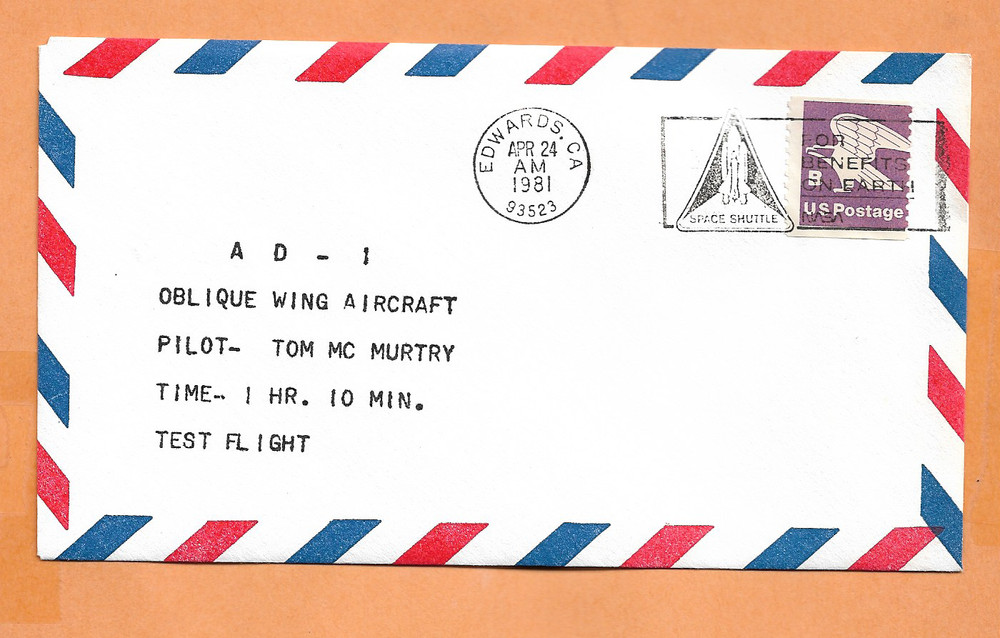 AD-1 OBLIQUE WING AIRCRAFT TEST FLIGHT APR 24,1981 EAFB   SPACE COVER