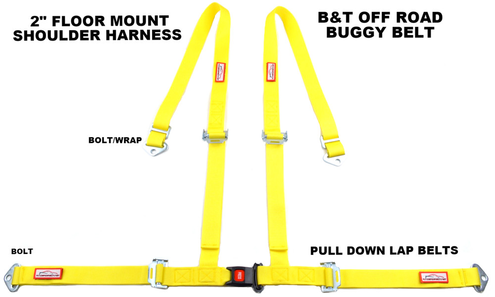 YELLOW 4 POINT SEAT BELT HARNESS PULL DOWN LAP BELTS