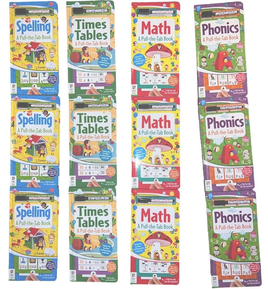 4 Kid Learning Book Math,reading Phonics Times Table Pull The Tab & Wipe Clean
