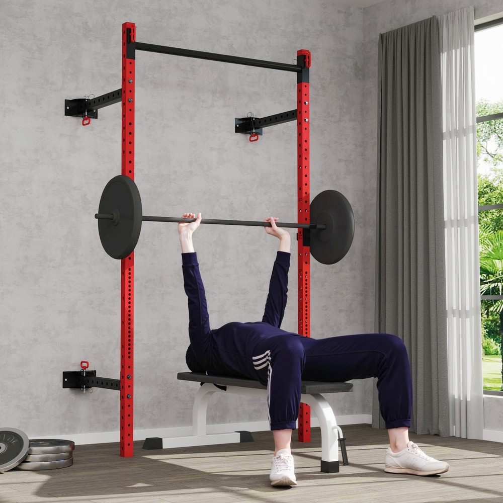 Folding Squat Rack with Pull Up Bar, 1000 Pounds Capacity, Red
