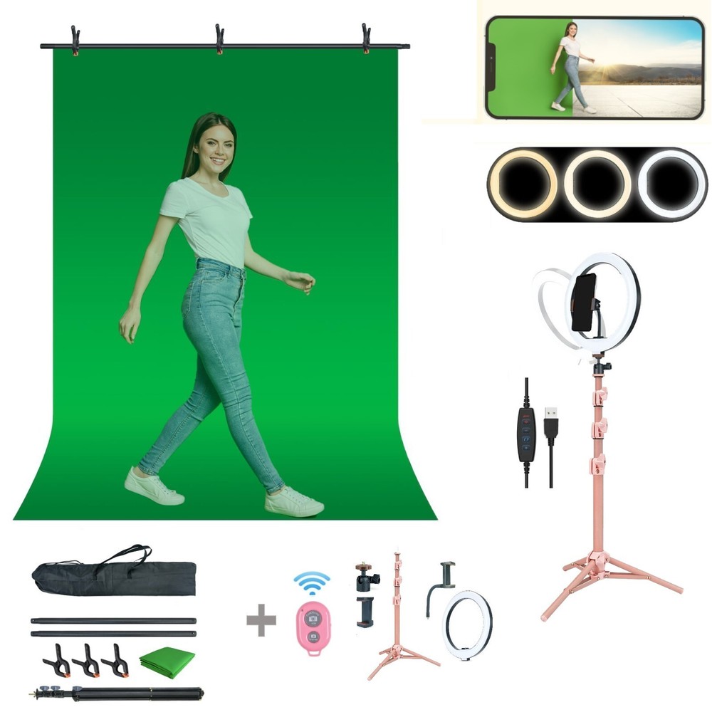 LINCO Pink/Blue T-Shape Backdrop Stand with 10" Ring Light Stand Lighting Kit
