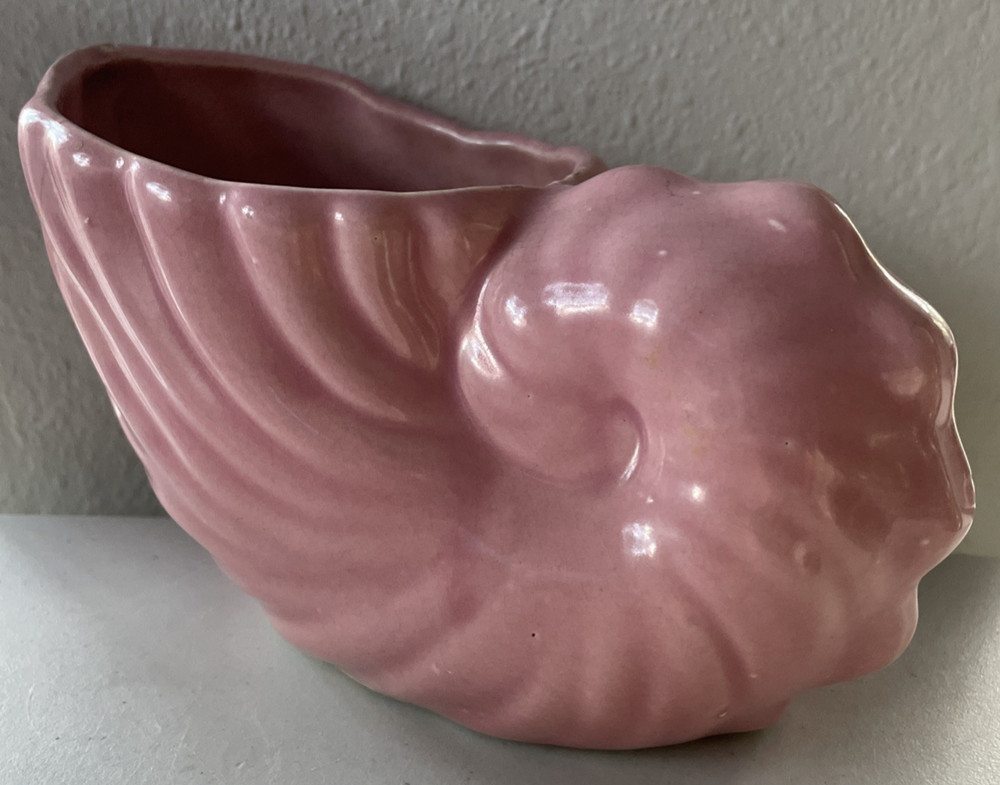 Vintage Pink Ceramic Cornucopia Shell Planter Dish 8" Long