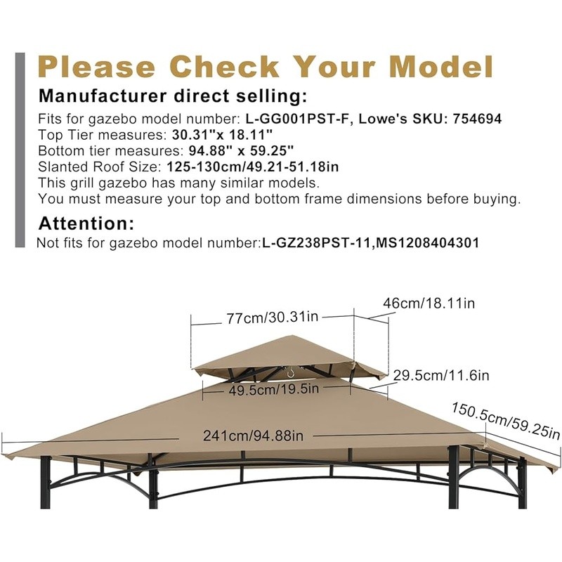 Replacement Gazebo Canopy Top UV Waterproof Polyester Fabric Outdoor Use