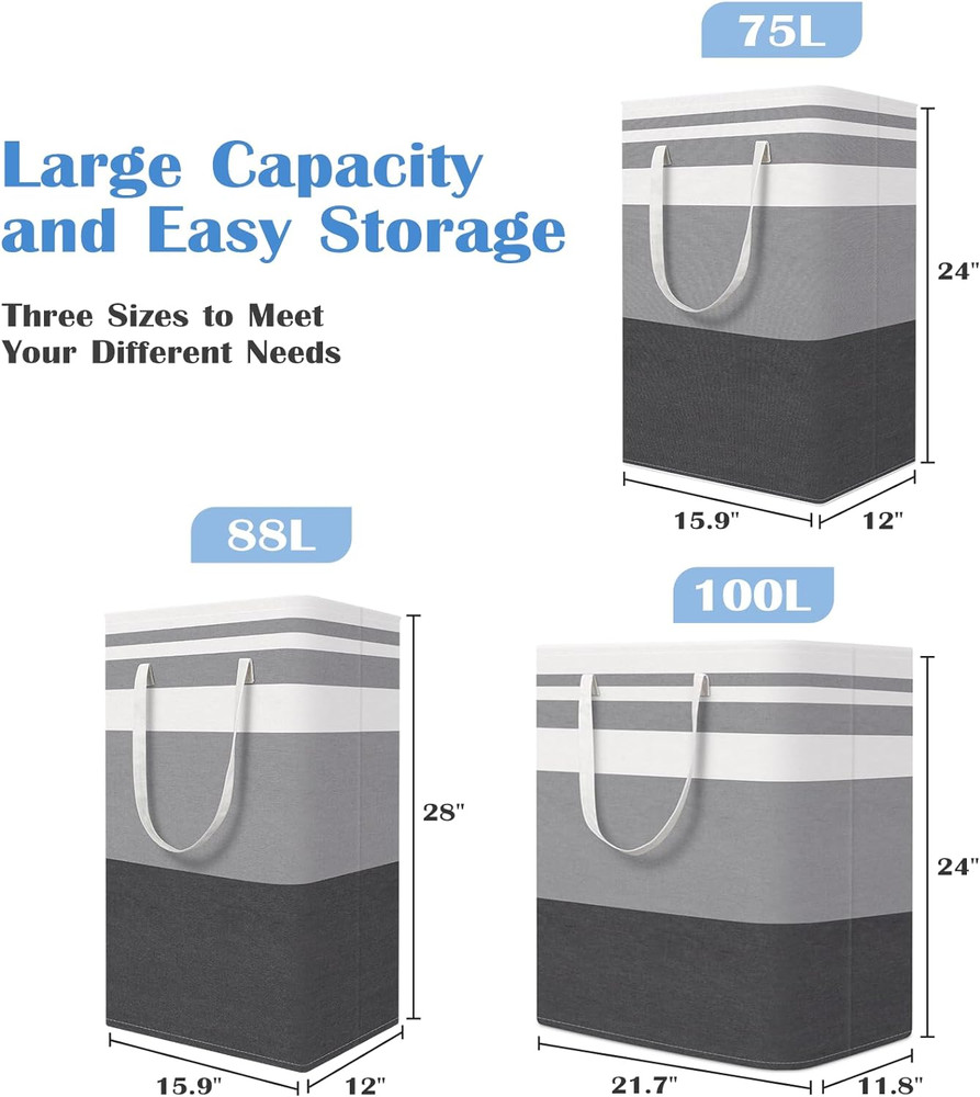 Laundry Basket 3-Pack Waterproof Laundry Hamper Collapsible with Handles Grey75L