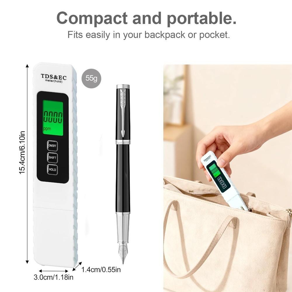 TDS & EC Digital Water Tester with Backlit Display & Hold Function, Lightweight