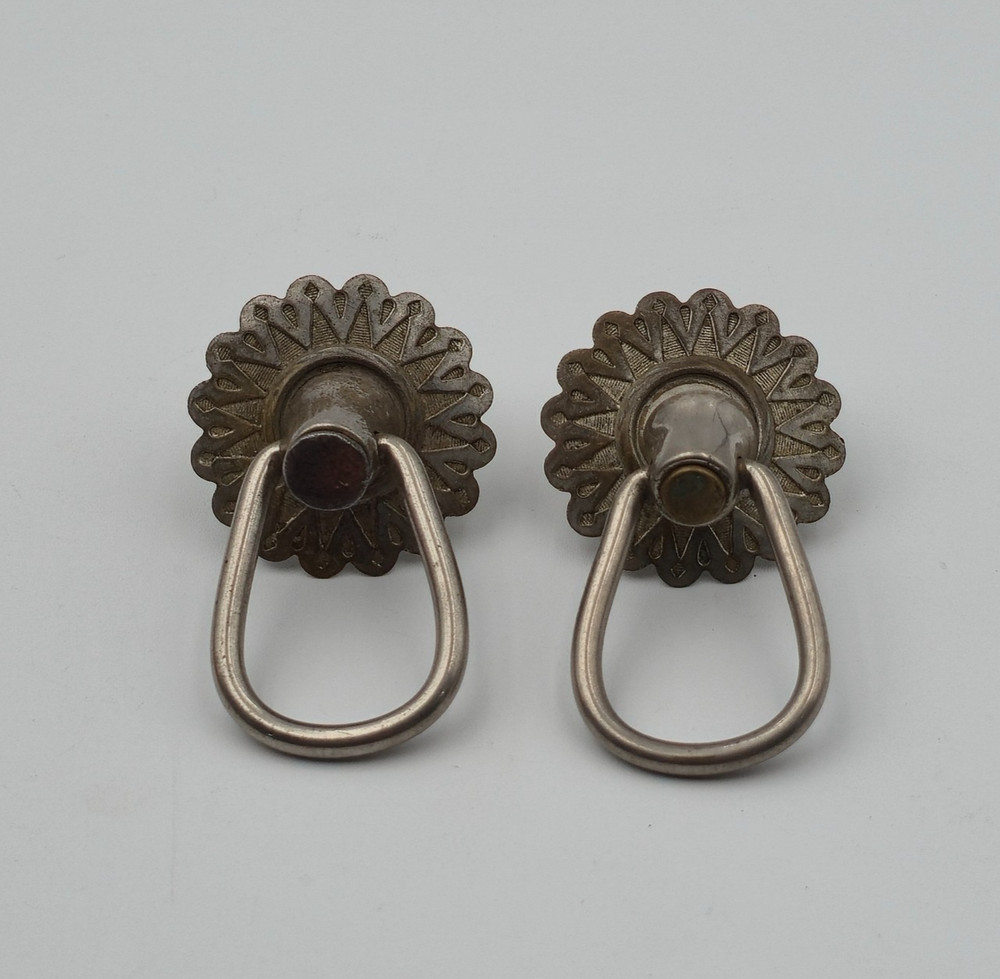 Pair Vintage Nickel-Plated Brass Drop Pulls Sunburst Backplates 2¼" Hardware