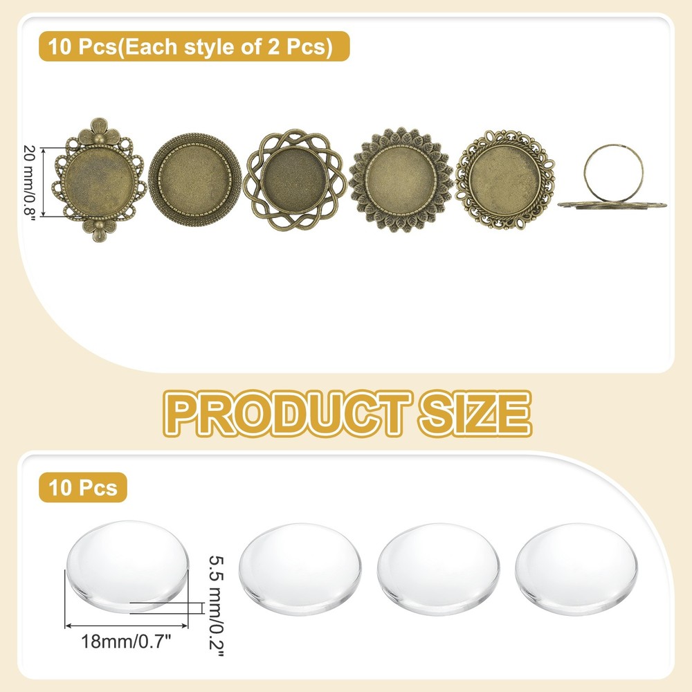 10Pcs Ring Base Blank, 20mm Ring Blank Base with 10Pcs Cabochon(Bronze)