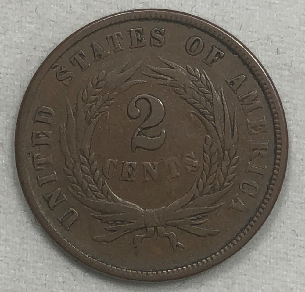 1864 Two Cent Shield. .02. Small Motto. Very Fine. Scarce.