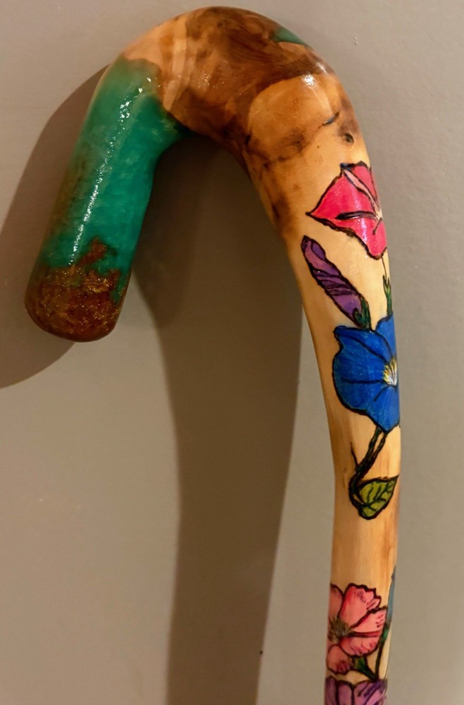 41” Walking CANE With Morning Glory Pyrography Handmade & Finished 🇺🇸