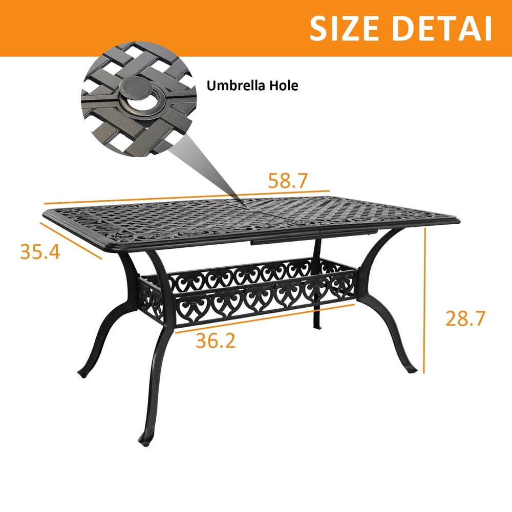 7 Pieces Patio Dining Set Cast Aluminum Rectangular 60"Patio Table and 6 Chairs