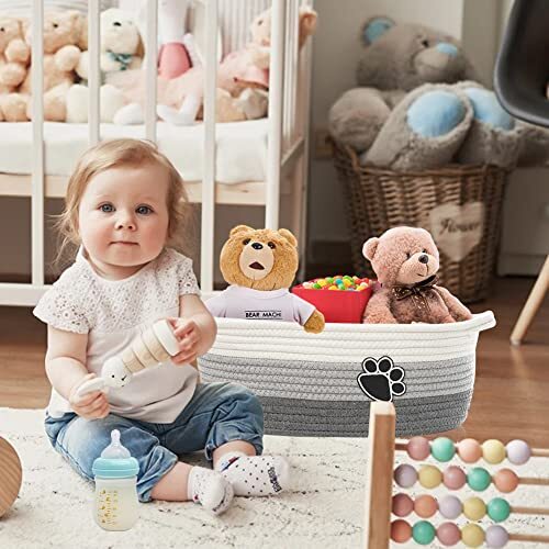 Small Woven Baskets for Organizing Rope Storage Basket with Handle Grey-white