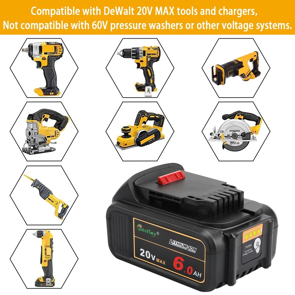 20V 6.0A Replacement Battery for Dewalt DCB200 DCD DCF DCG Power Tools