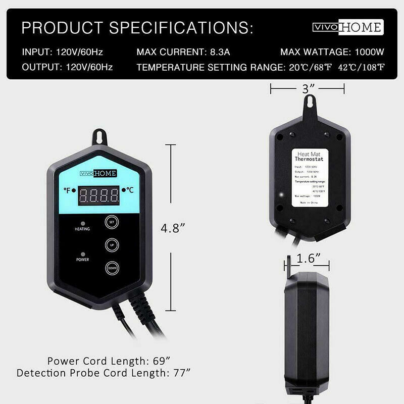 Digital Heat Mat Thermostat Controller for Seed Germination, Reptiles, etc..