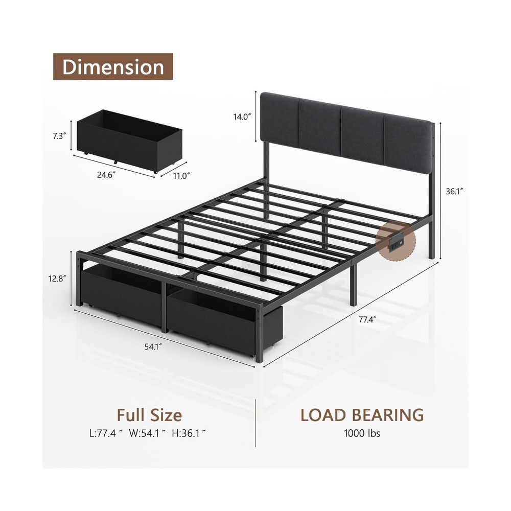 Furnulem Full Size Bed Frame with Headboard, Upholstered Full Bed Frame with ...