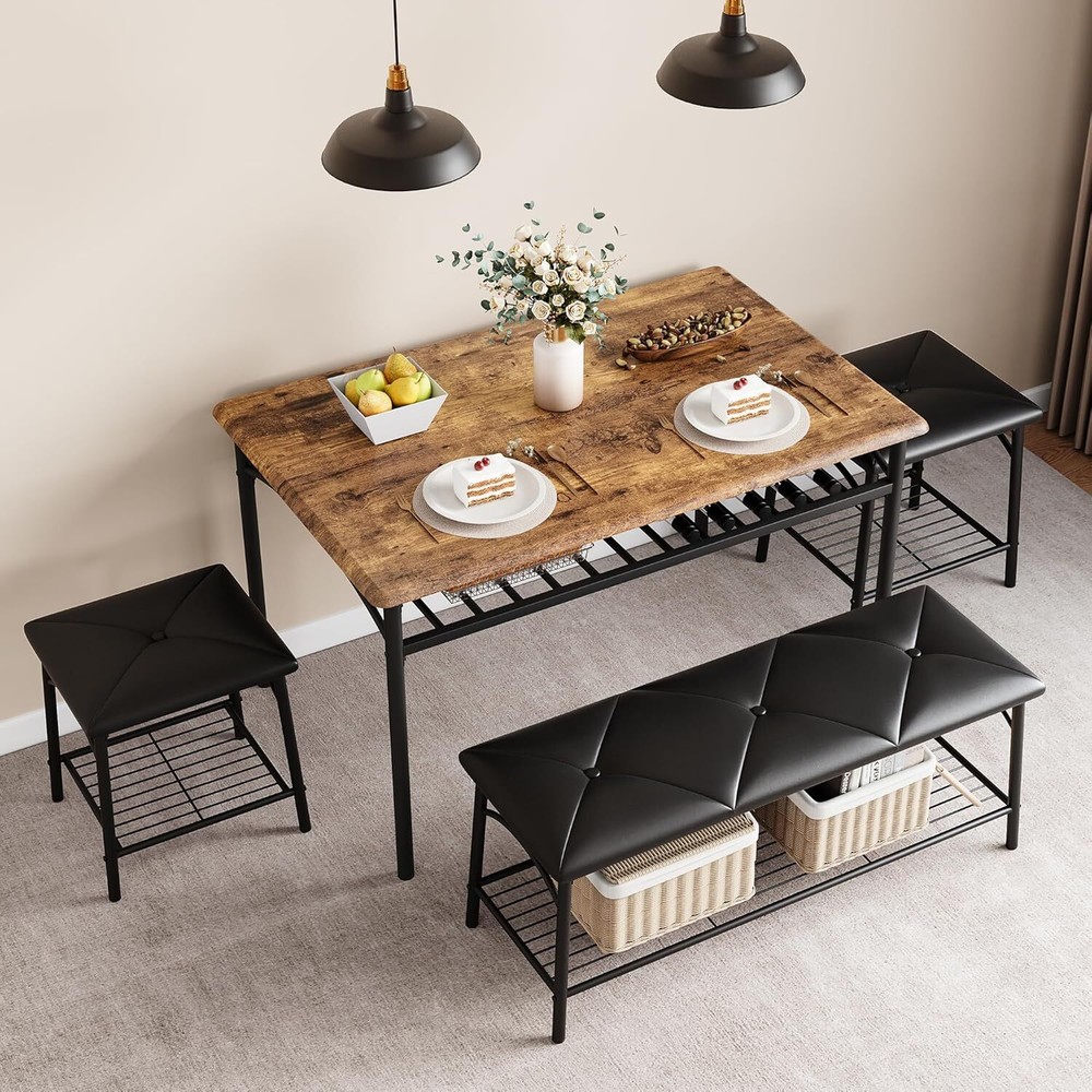 Wooden Dining Table Set for 4 Kitchen Table Set with Bench and Stools & Storage