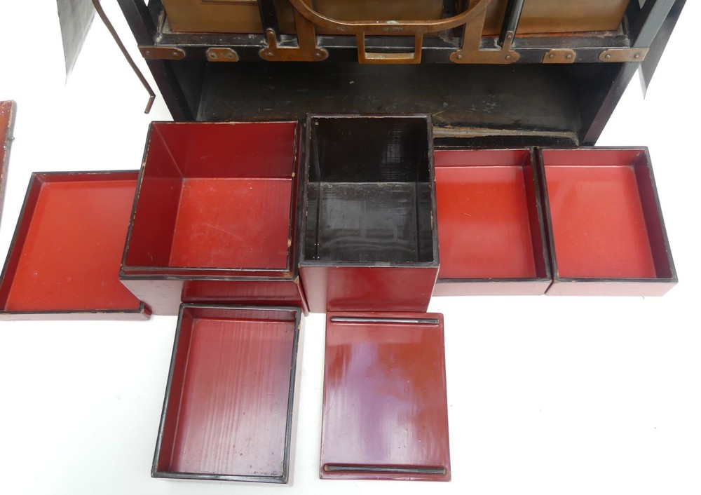 Antique Japanese copper sake warming heating w lacquer box set