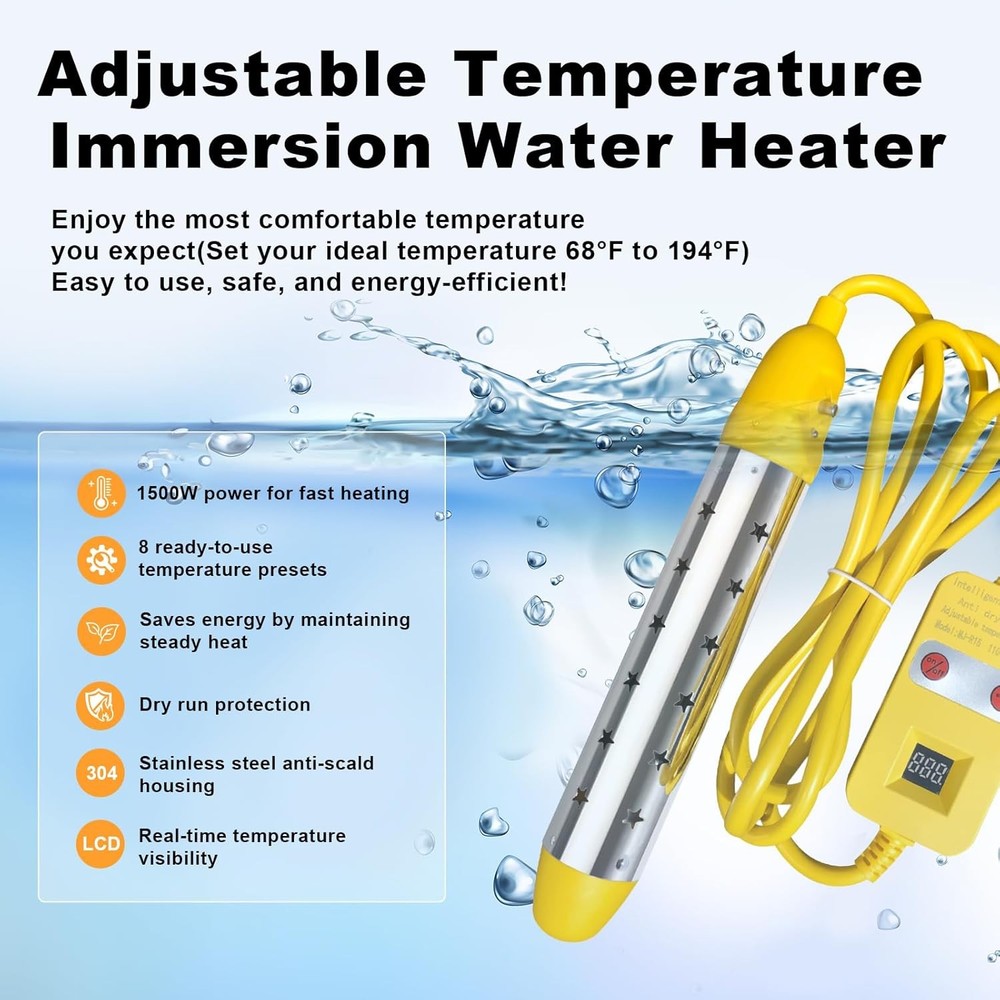 1500W Portable Immersion Water Heater for Bathtub and Pools, Fast Heating