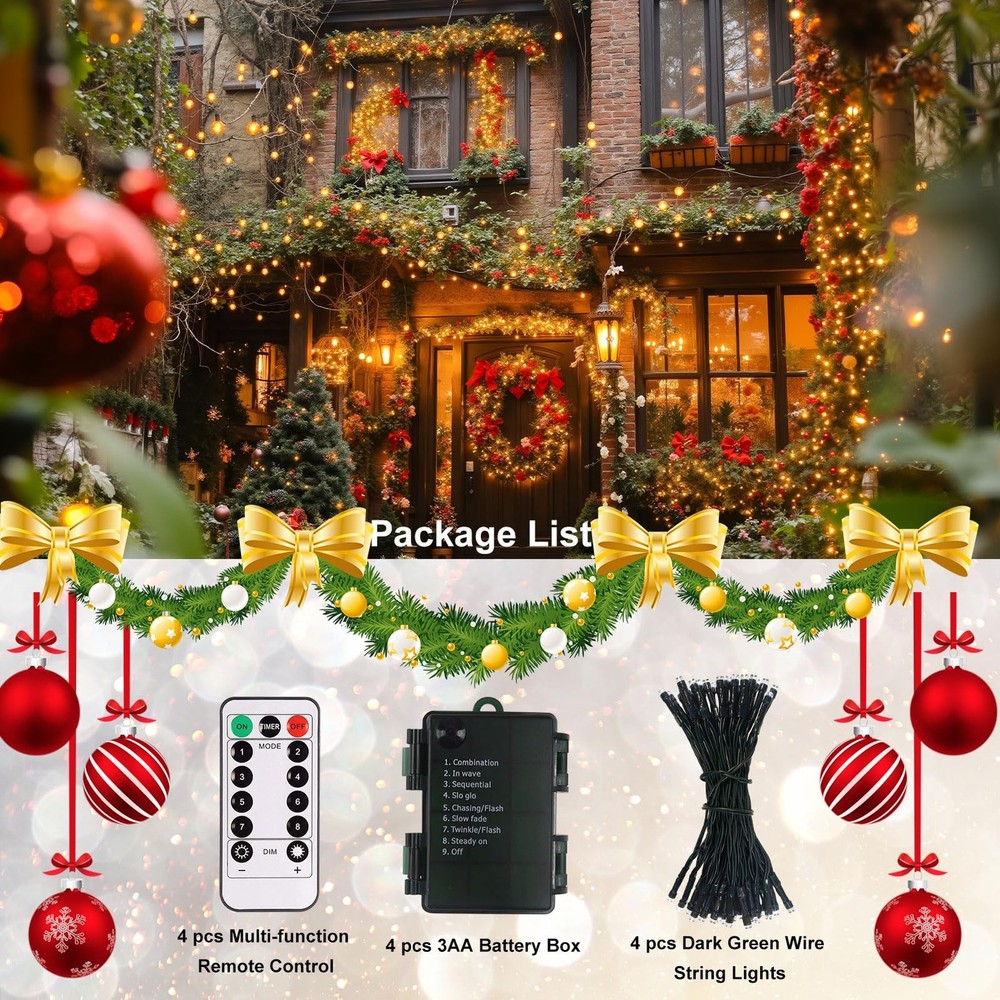 Battery Operated String Lights 4 Pack 16.5Ft 50LED String Lights with Remote ...