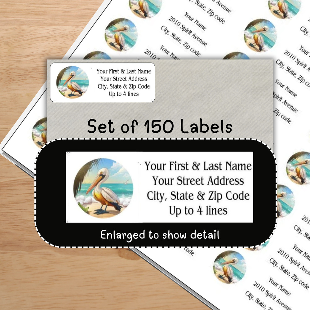150 Pelican Bird on Beach Mailing Return Address Labels Personalized