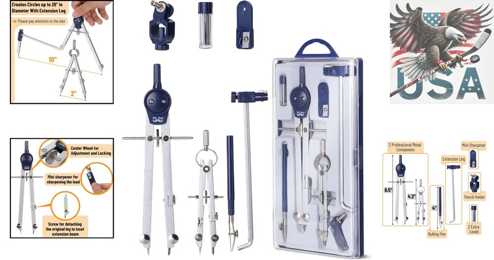 Precision Drafting Tools: 7-Piece Geometry Compass Set for Engineers & Artists