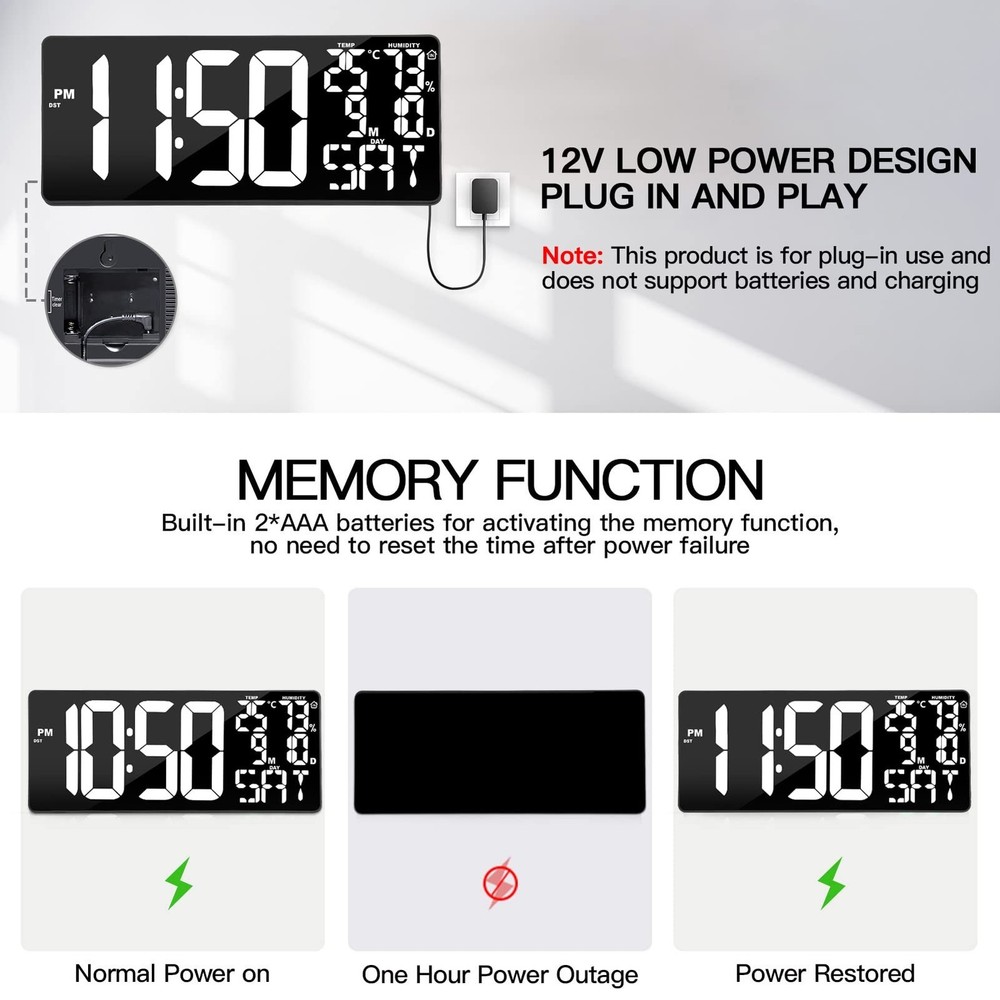 18 Inch Oversized Digital Wall Clock with Remote Control, Auto-Dimming, Tempe...