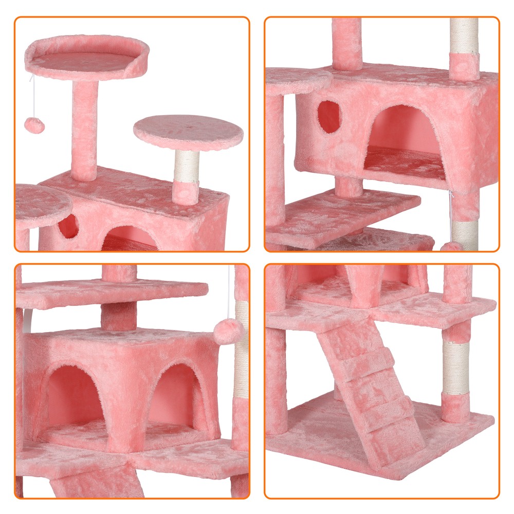 55 Inch Multi-Level Cat Tree Tower Kitten Condo House with Scratching Posts Pink