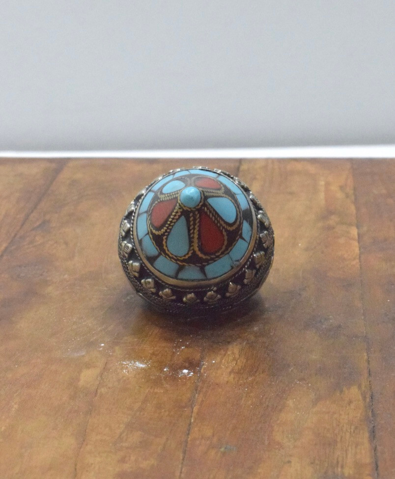 Middle Eastern Silver Coral Turquoise Inlay Ring