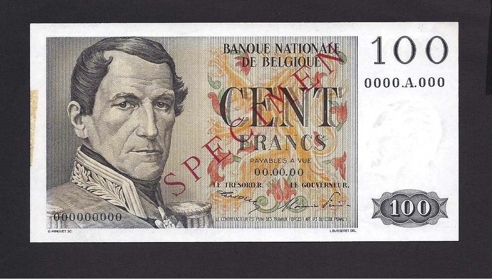 Belgium p-129 , UNC, 100 Francs , SPECIMEN !!