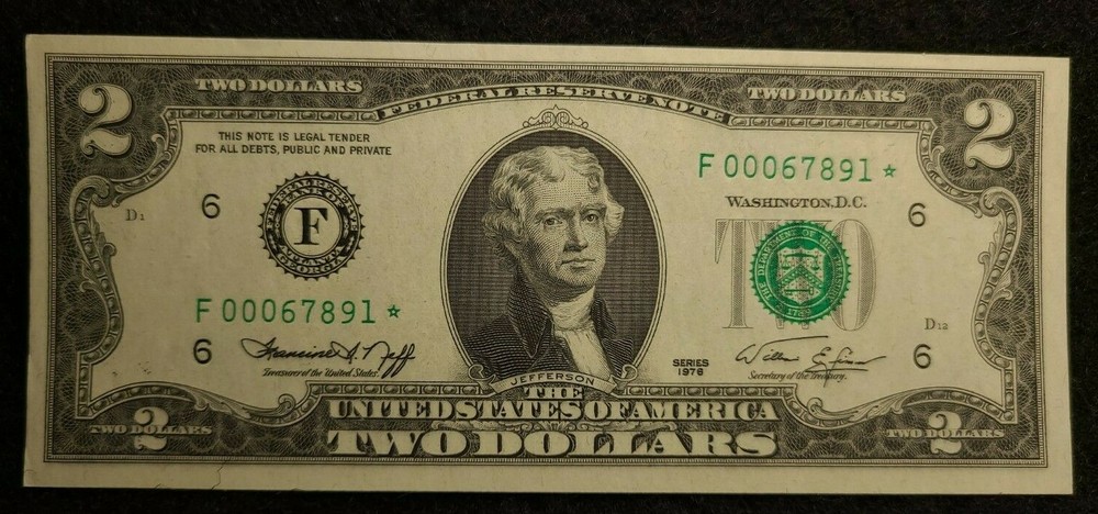 1976 $2 FRN Error, low serial #,  star note F 00067891 * STAR NOTE WITH ERROR