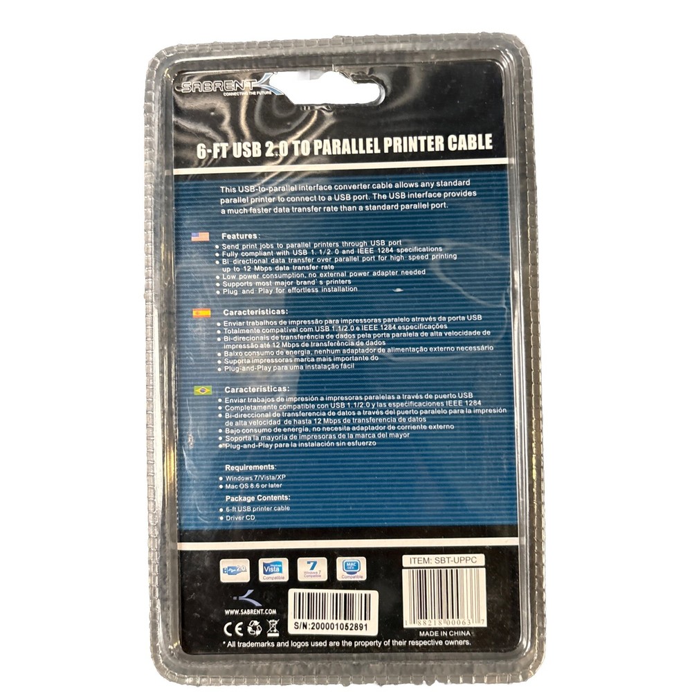 Sabrent 6ft usb 2.0 parallel printer cable IN-BOX NEW